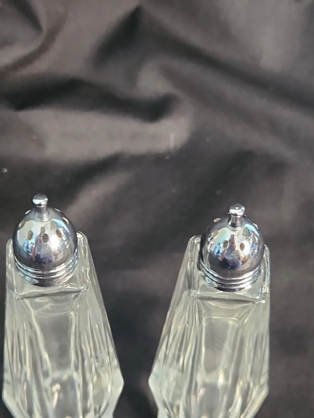 Vintage Salt & Pepper Shakers Clear Cut Glass Chrome Tops Art Deco Design